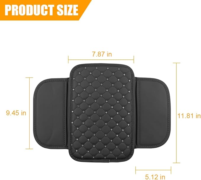 Bling Car Center Console Cover, Leather Crystal Rhinestone Vehicle Armrest Cushion Pad with Side Storage Bags, Scratch Resistant Auto Middle Console Protection Mat, Universal Fit (Black)
