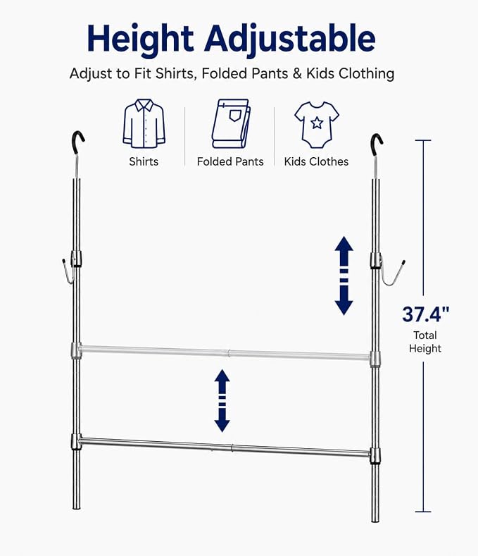 Adjustable Closet Rod Extender with Hooks, Expandable Double Hanging Organizer for Closets, Kids' Wardrobe & Laundry Room, No Tool Assembly, Metal Tension Pole, Chrome Finish