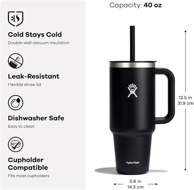 Hydro Flask Travel Tumbler with Handle, Lid and Straw - Insulated Stainless Steel in 40 Oz Tonal Trillium Pink