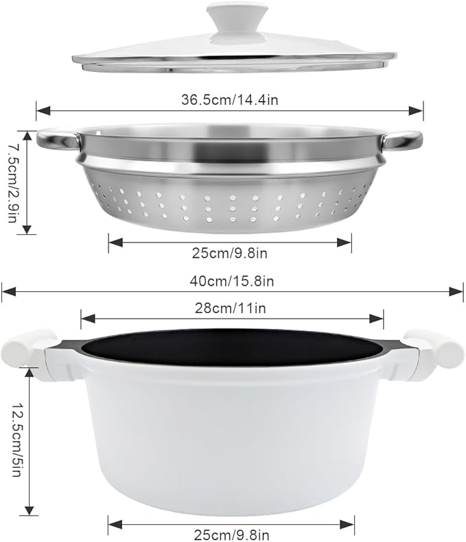 7 QT Steamer Pot for Cooking, Large Steaming Pot with Lid, Nonstick Cooking Pot with Vegetable & Dumpling Steamer Basket, Big Food Steamer Cookware, Induction Compatible, PFOA Free, White