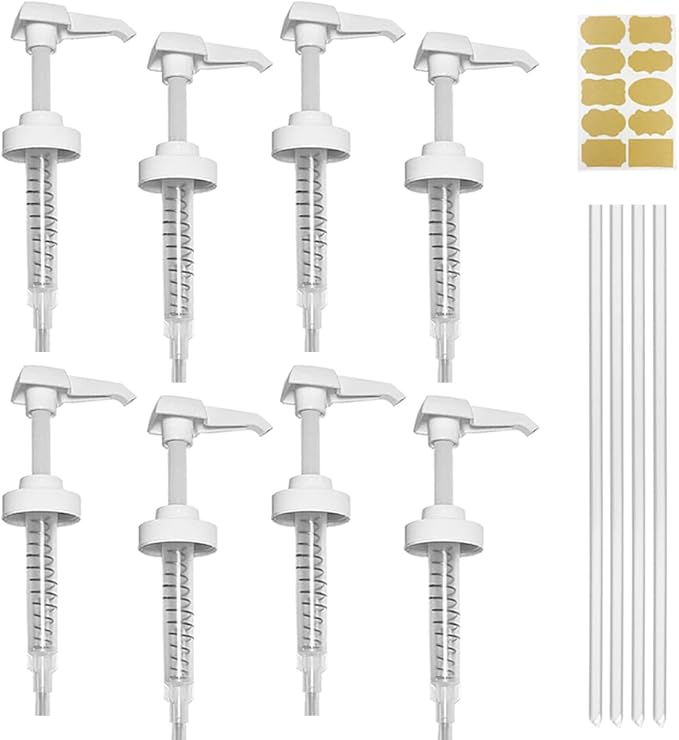 8 Pack Gallon Jug Pump Dispenser 38-400 White Pump for Gallon Jug Dispensing - 7cc Lotion Gallon Shampoo Pump Top Replacement, Fits 1 Gallon Bottle 64oz 128oz Hand Sanitizer Containers, Plus Labels