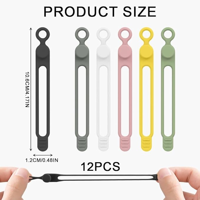 Silicone Cable Ties, 12pcs Reusable Data Cable Organizer, Multipurpose Elastic Wire Organizer Ties for Bundling and Fastening Earphone, Phone Charger
