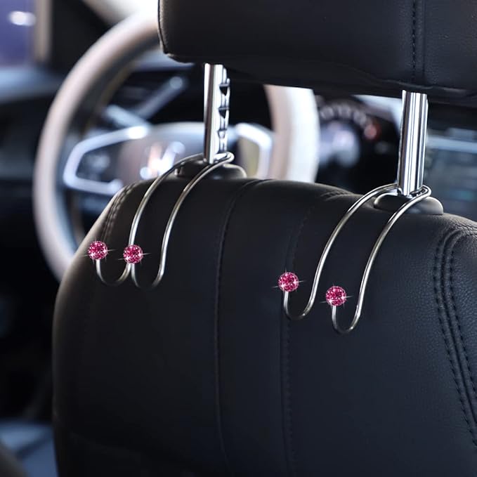 SAVORI Auto Hooks Bling Car Hangers Organizer Seat Headrest Hooks Strong and Durable Backseat Hanger Storage Universal for SUV Truck Vehicle 2 Pack (Fuchsia)