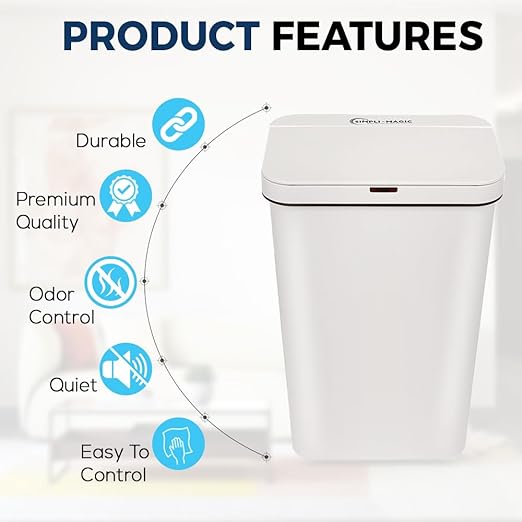 SIMPLI-MAGIC 79502 13 Gallon Touchless Sensor Trash Can, Rectangle Garbage Bin, Perfect for Home, Kitchen, Office, White