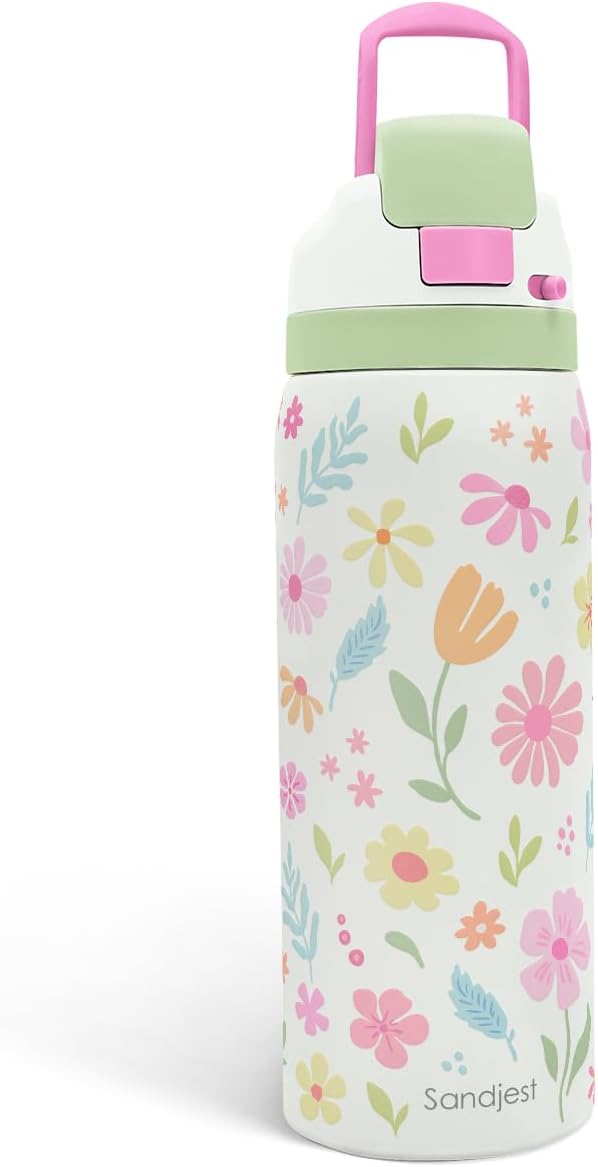 Floral Stainless Steel Water Bottle, Vacuum Insulated, Push-Button Lid, 32 oz, Gifts for Women Girls Friends Teens Birthday Christmas