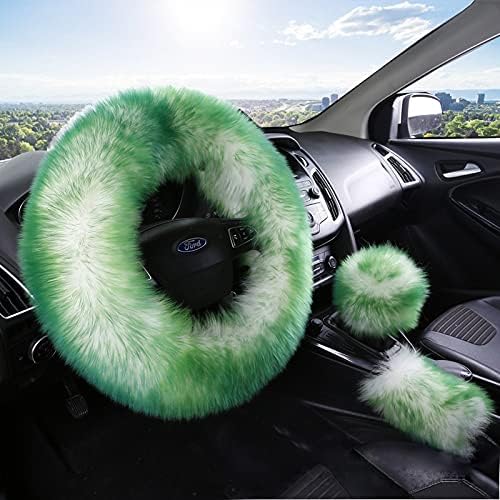 15inches Universal Leather Car Steering Wheel Cover Car Accessories Colorful Fuzzy Steering Wheel Cover Gear Shift Cover Handbrake Cover (Green)