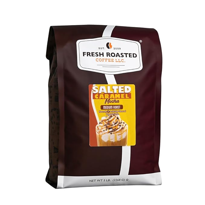 Fresh Roasted Coffee, Salted Caramel Mocha Flavored Coffee,5 lb, Medium Roast, Kosher, Ground
