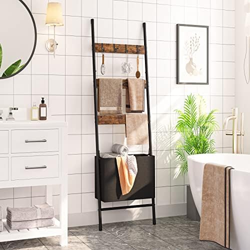 HOOBRO Blanket Ladder with Basket and 6-Tier Towel Rack with Hooks Bundle, Blanket Holder Rack, Decorative Shelf, Drying and Display Rack for Bathroom, Living Room, Rustic Brown BF31CJ01-BF66CJ01
