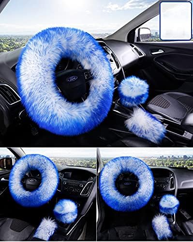 15inches Universal Leather Car Steering Wheel Cover Car Accessories Colorful Fuzzy Steering Wheel Cover Gear Shift Cover Handbrake Cover (Blue)