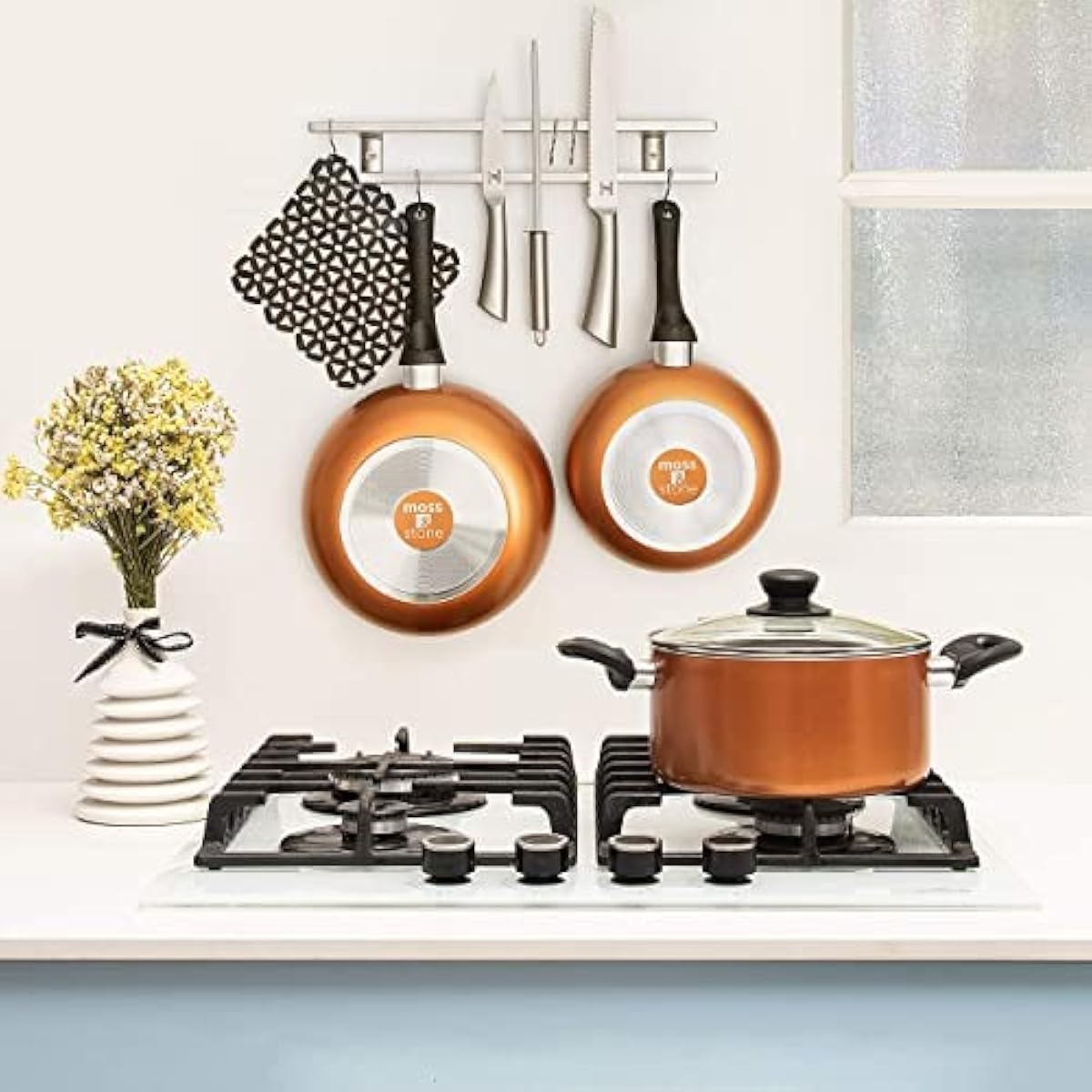 Moss & Stone 4 Peice Nonstick , Aluminum, Copper Pots and Pans Set with Glass Lid, Copper Cookware Set