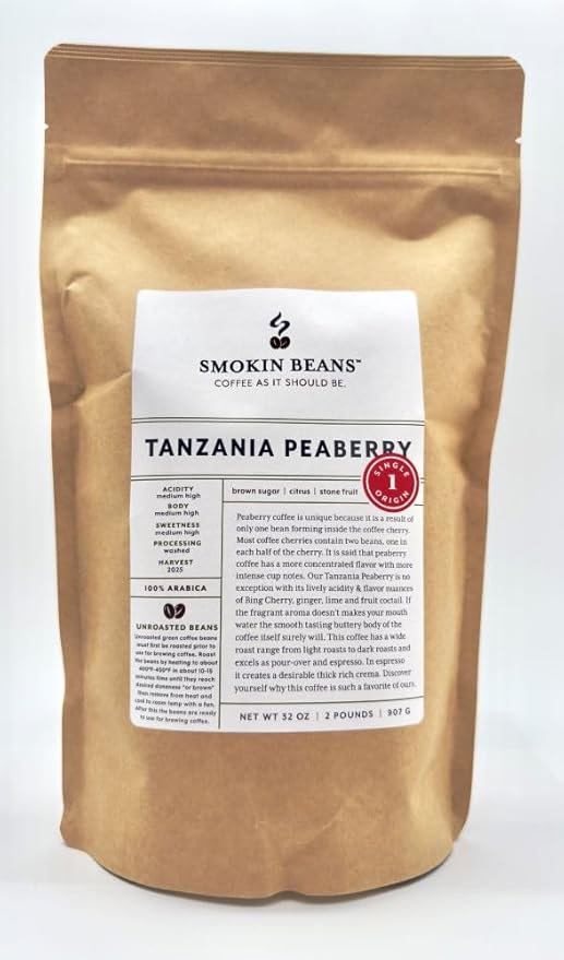 2-Pound Tanzania Peaberry, Unroasted Green Arabica Coffee Beans, Fresh Current Crop Specialty Grade, Roast the Beans Yourself at Home on Your Roasting Equipment Prior to Using for Brewing Coffee