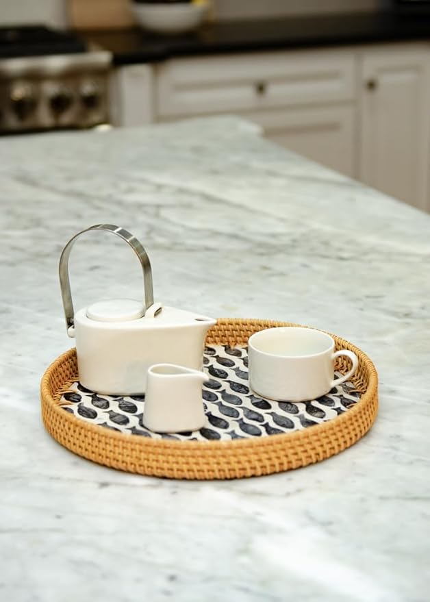 Magenta & Teal Round Rattan Serving Tray with Mother of Pearl Inlay, Wicker Coffee Table Decor, Farmhouse Style (Navy Fish)
