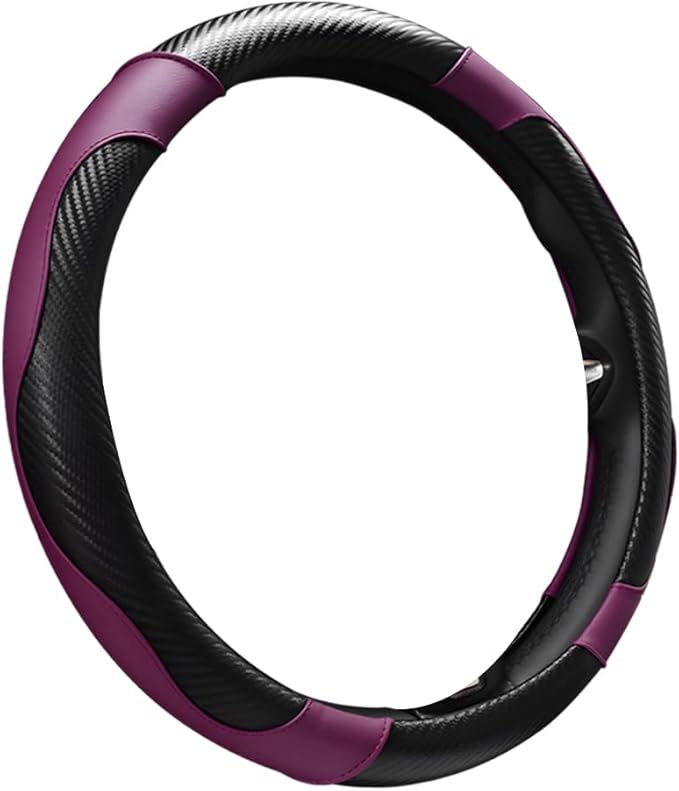 Car Steering Wheel Cover, 15 Inch Carbon Fiber Elastic Vehicle Steering Wheel Protector, Breathable Leather Auto Wheel Covers for Women Men, Interior Car Accessories (Black & Purple)