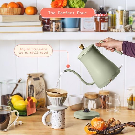 Be.autiful 1-Liter Electric Gooseneck Kettle 1200 W, Powerful 1200-watt boiling system,Long-lasting stainless steel with soft matte premium finish exterior, 360-degree power base,(Sage Green)