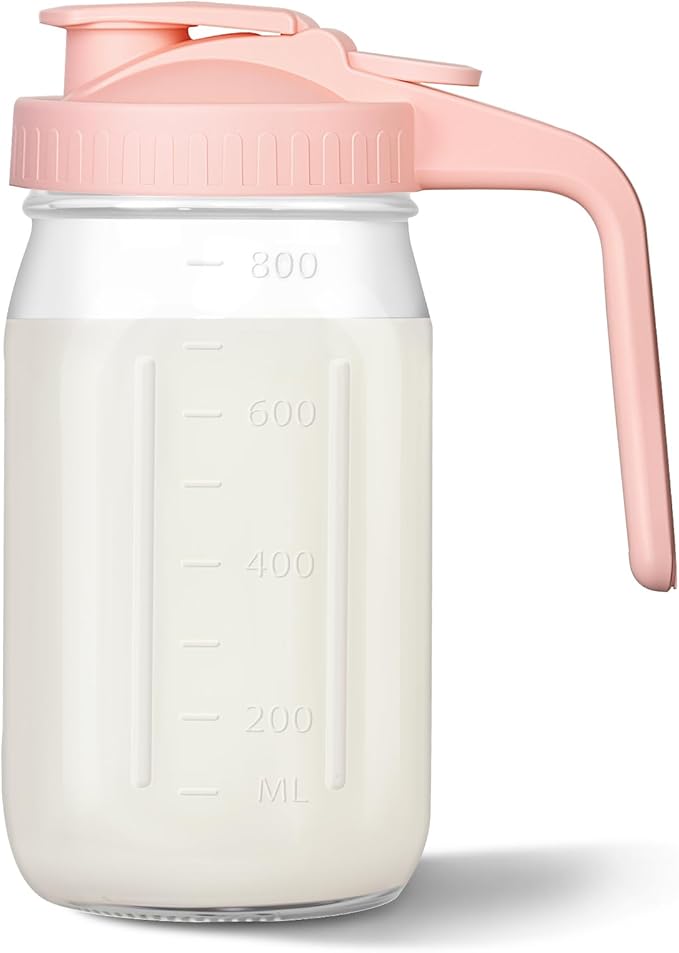Mason Jar Pitcher, 32 oz Glass Milk Pitcher, Wide Mouth & Leakproof Glass Pitcher with Lid for milk, Sun Tea, Juice, Cold Brew Coffee and Drinks