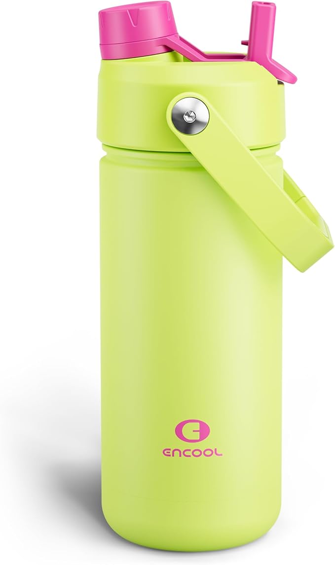 ENCOOL Insulated Water Bottle with Straw Stainless Steel Water Bottle, Leak-Proof, BPA-Free, Double Wall Vacuum Keeps Cold for 24 Hours for Sports, Travel, School (18 oz, Acid Green)