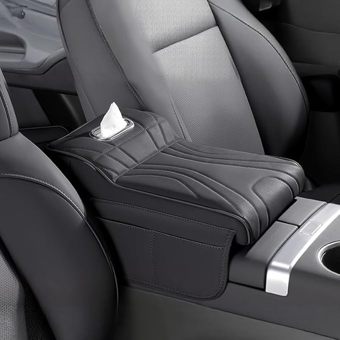 Car Armrest Cushion for Jeep Grand Cherokee L 2024 2023 2022, Car Middle Center Console Cover with Storage Bags and Tissue Box, Auto Interior Armrest Protector Pad,A Black
