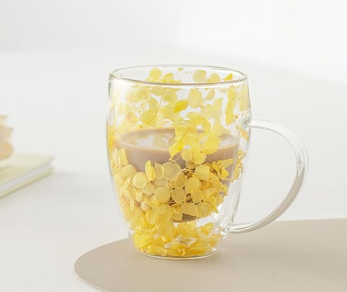 Double Glass Flower Tea Cup, Aesthetic Preserved Flower Cup, Cute Insulated Tea Cup with Handle, Heat Resistant & Lead-free Coffee Mugs, Gifts for Birthday Mother's Day, Perfect for Women Wife Mom (E)