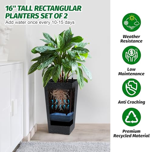 Garvee 16" Tall Planters Set of 2, Outdoor＆Indoor Black Planter Pots, High Front Porch Planter Pots with Drainage Holes＆Water Level Monitor＆Inner Bucket,Black