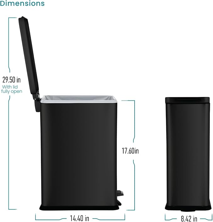 Home Zone Living 4 Gallon Slim Kitchen Trash Can with Soft Close Lid and Step Pedal, Matte Black Stainless Steel Wastebasket with Removable Bucket