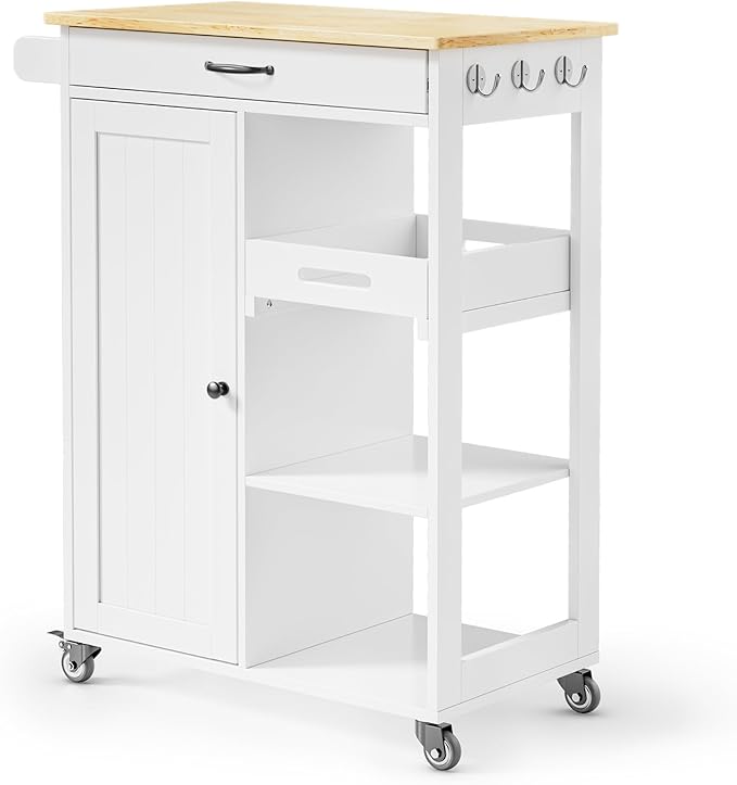 Gizoon Kitchen Island Cart with Removable Tray, 27.6''W Rolling Utility Trolley Cart with Drawer, Cabinet, Towel Rack, Hooks and 3 Open Storage Shelves, Mobile Storage Cart for Dining Room, Bar, White