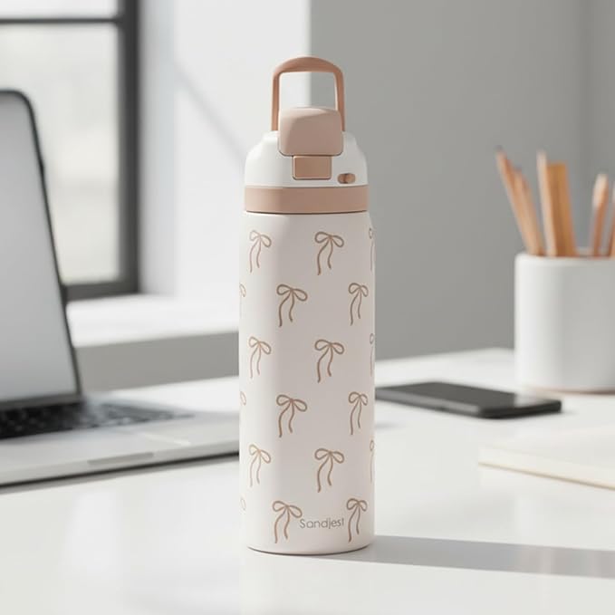 Bow Insulated Stainless Steel Water Bottle with Straw for Sports and Travel, 32oz, Gifts for Women Girls Friends Teens Birthday Christmas (Brown)