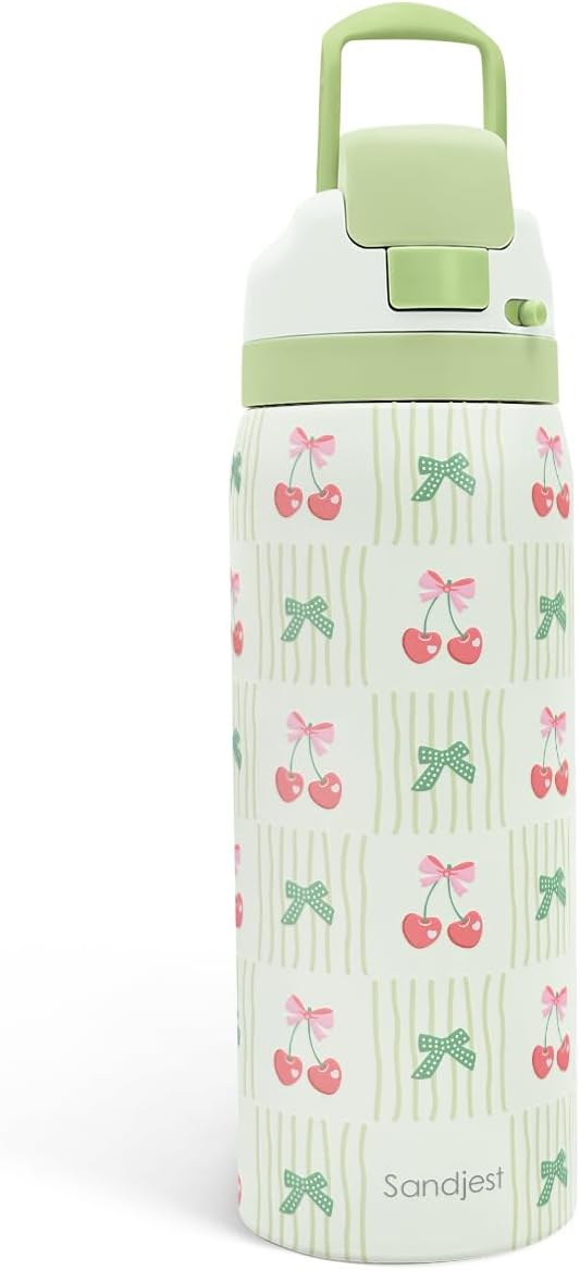 Cherry Stainless Steel Water Bottle, Vacuum Insulated, Push-Button Lid, 32 oz, Gifts for Women Girls Friends Teens Birthday Christmas
