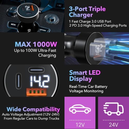 OLG 100W Car Charger – 3 Port Cargador para Carro (LED Display, 12V/24V Compatible) – Cigarette Lighter USB Fast Charge Adapter for iPhone, Android, Type V
