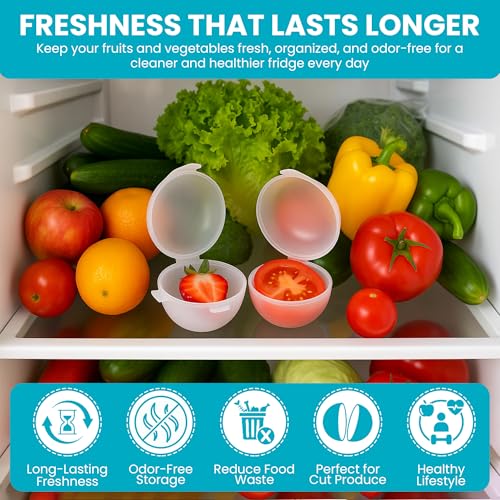 Iconikal 2-Pack Fruit Veggie Food Savers Storage Containers 4.25-Inch Bowl Produce Keeper BPA Free Dishwasher Safe Cut Onion Tomato Apple Holder Vegetables