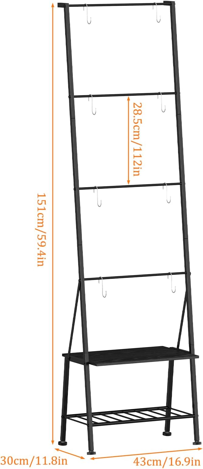 Blanket Ladder Metal Towel Ladder with Shelf Standing Towel Rack Holder for Bathroom 6 Tier Blanket Ladder for the Living Room Blanket Rack with Removable Hooks, Black