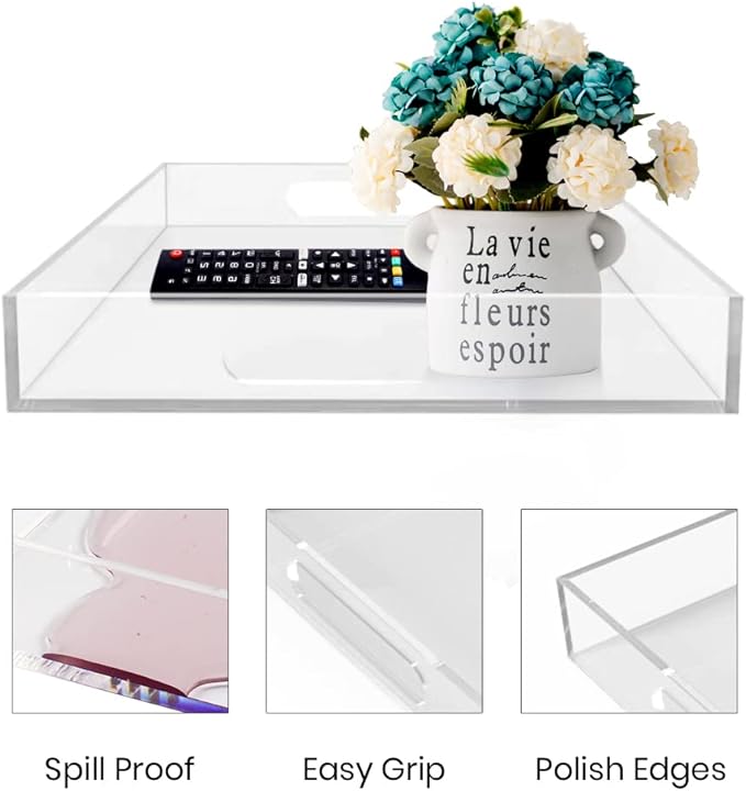 12"x16" Acrylic Serving Tray with Handles, Spill Proof Clear Decorative Tray, Lucite Tray for Coffee Table, Vanity, Makeup Organizer