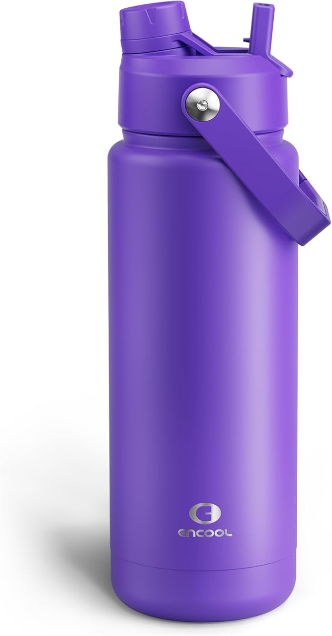 ENCOOL Insulated Water Bottle with Straw Stainless Steel Water Bottle, Leak-Proof, BPA-Free, Double Wall Vacuum Keeps Cold for 24 Hours for Sports, Travel, School (32 oz, Violet)