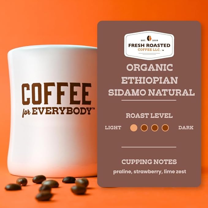 Fresh Roasted Coffee, Organic Ethiopian Sidamo Natural | USDA Organic, 100% Single Origin, Kosher | Light Roast 24 Pods for K Cup Brewers
