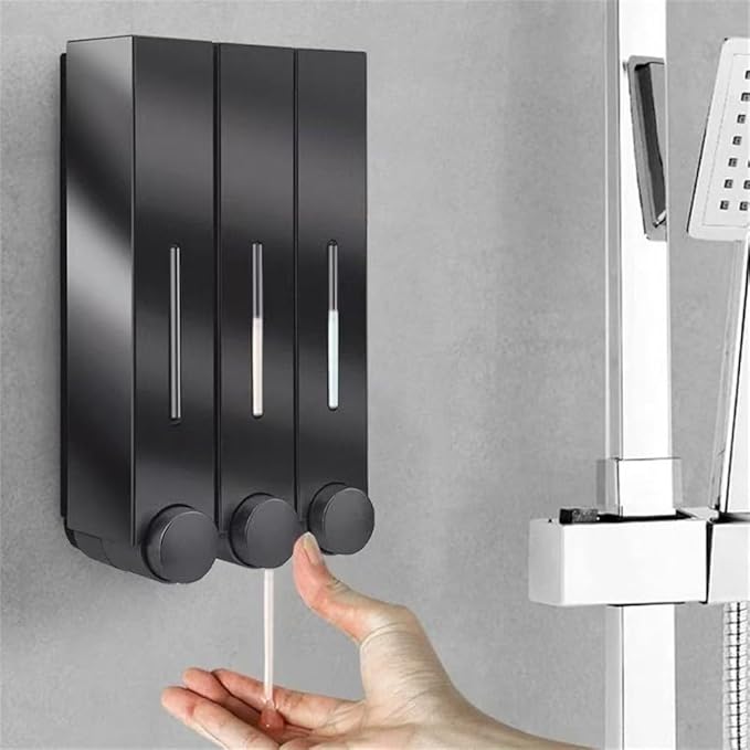 Wall Mounted 3-Chamber Soap Dispenser for Shower Gel, Shampoo & Conditioner – Leak-Proof ABS Pump Bottle with Transparent Level, Punch-Free Installation(Gray Double)