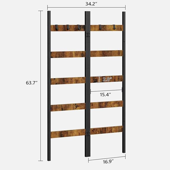 Foldable Blanket Ladder, 5-Tier Ladder Shelf, Decorative Ladder with 5 Removable Hooks, Wall-Leaning Blanket Holder for Towel, Scarves, Quilt Display Rack for Living Room, Rustic Brown