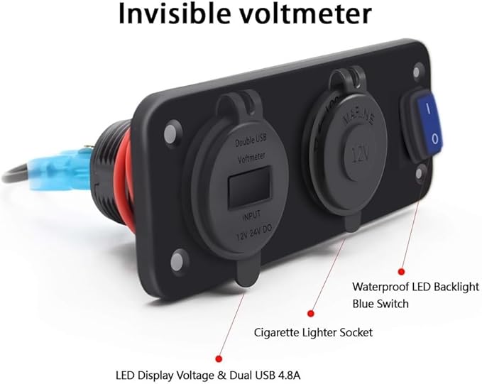 QC3.0 PD Dual USB Fast Charger Socket Multi Port Panel Cigarette Lighter Splitter with Voltmeter Switch for Car Motorcycle Boat(Green Light)