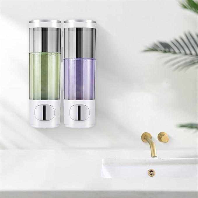 Wall Mounted ABS Soap Dispenser with 300ML Pump Bottle for Shower Gel, Shampoo and Conditioner, Punch-Free Bathroom Organizer(Double Bottles)