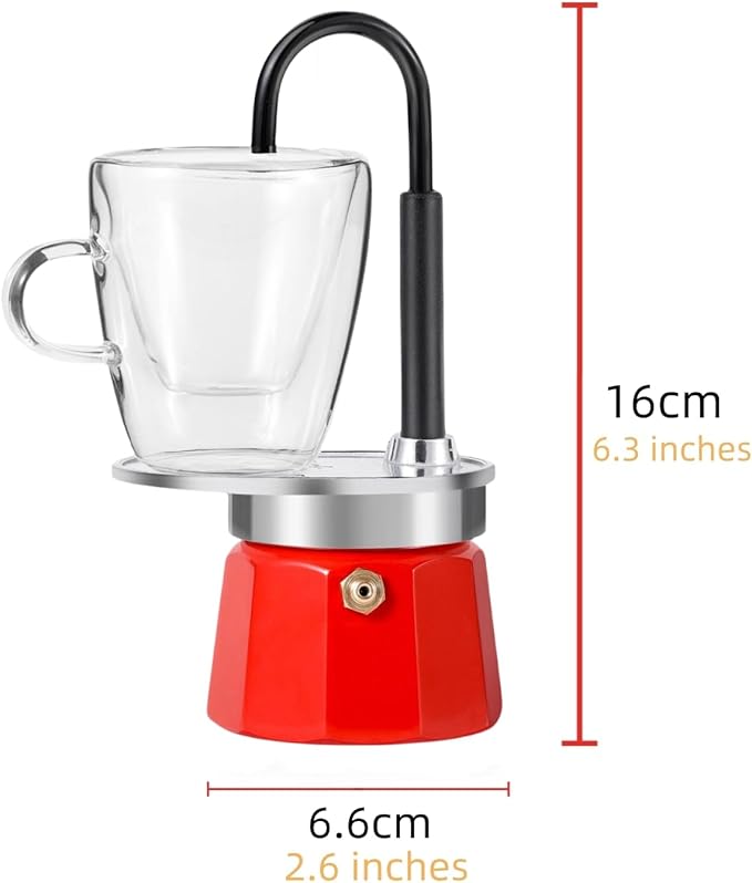 MVPLUE-Mini Express Swiss Single Tube Moka Pot Aluminum Red，Moka Set includes One Double Wall 3oz Cup,Enjoy delicious coffee in no time