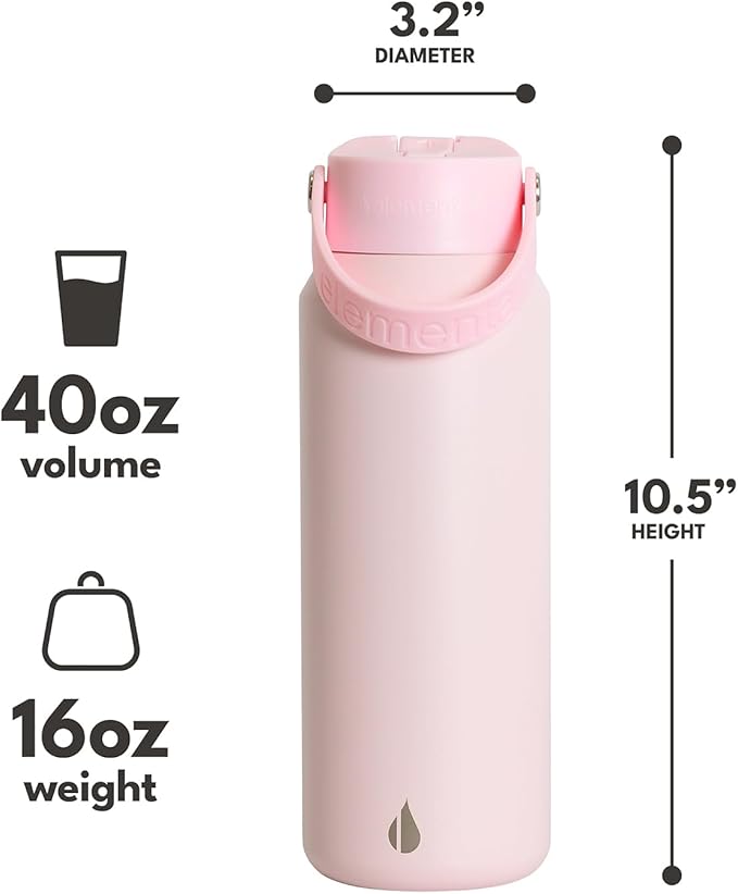 Elemental 40oz Insulated Water Bottle with Straw - 100% Leak-Proof Stainless Steel Core Water Bottles for Travel, Sports and Gym - Double Wall Insulation & BPA Free - Blush Pink