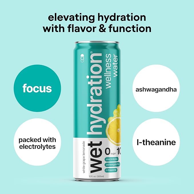 Wet Hydration, Zero Calorie, Functional Wellness Water - 4 Flavors Variety Pack (12 Ounce Cans, Pack of 12) - Flavored Water, Hydration Drink, No Sugar, No Artificial Ingredients, Zero Calories (Packaging May Vary)