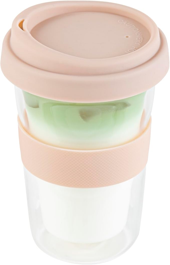 Restaurantware Glass Travel Mug 1 Count 14 Ounce Double Wall Borosilicate Reusable Coffee Cup, Spill-Resistant Tan Silicone Lid, Clear Drinkware Mug for Hot and Cold Beverages