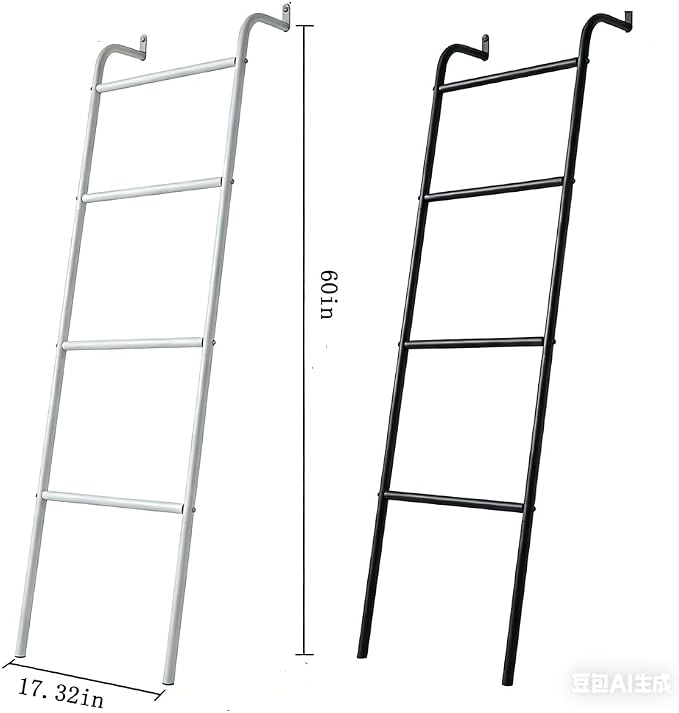 Blanket Ladder, 4 Tier Ladder Shelf 5 FT Decorative Ladder Shelf Stand, Decorative Wall Leaning Farmhouse Quilt Display Holder Dust-proof Metal Towel Rack Holder for Living Room & Bedroom (Black)
