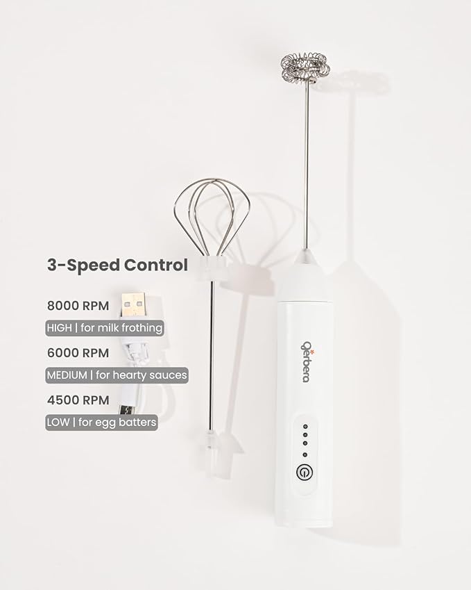 Gerbera Rechargeable Milk Frother Handheld,3 Speed Adjustable Electric Whisk Foam Maker, Handheld Drink Mixer, Frother Wand,Milk Foamer for Protein Powder, Drinks (White)