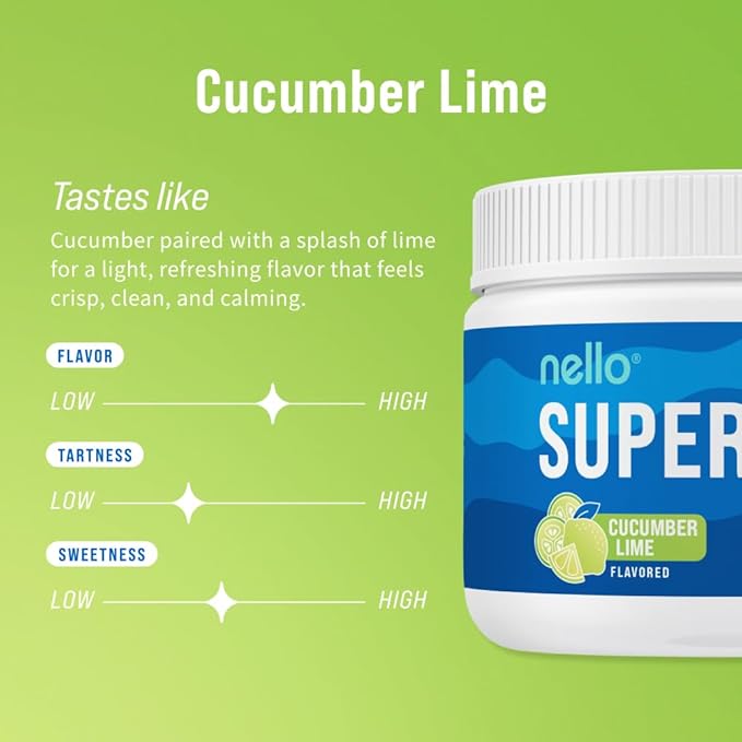 Nello Supercalm Powdered Drink Mix Tub, Cortisol Reducer* and Sleep Aid Supplement, L Theanine, Ksm-66 Ashwagandha, Magnesium Glycinate, Vitamin D 3, No Sugar, Non GMO, 30 Ct, Cucumber Lime