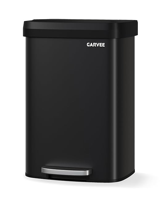 Garvee 13 gal / 50 L Metal Trash Can with Lid, Large Garbage Can for Kitchen, Rustproof Step-on Kitchen Metal Trash Bin with Liner Rim, Rear Handle, Soft Close Plastic Lid, Black