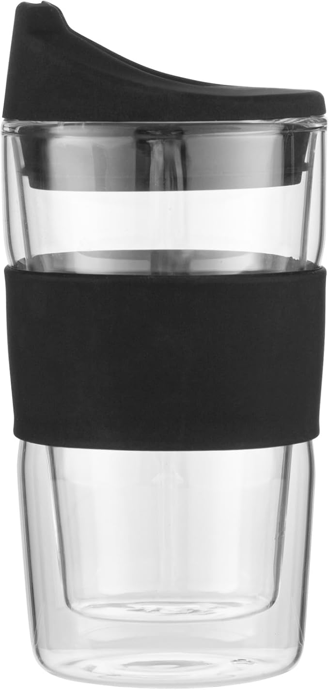 Restaurantware Glass Travel Mug 1 Count 12 Ounce Double Wall Borosilicate Reusable Coffee Cup, Spill-Resistant Black Silicone Lid, Clear Drinkware Mug for Hot and Cold Beverages