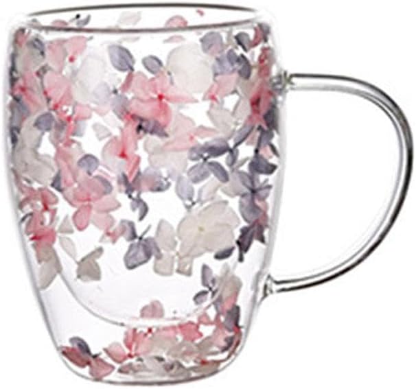 Dried Flowers Double Wall Clear Glass Coffee Mugs,Creative Clear Glass Cups with Handle, Double Insulated Glass Cup, 350ml Glass Coffee Cups