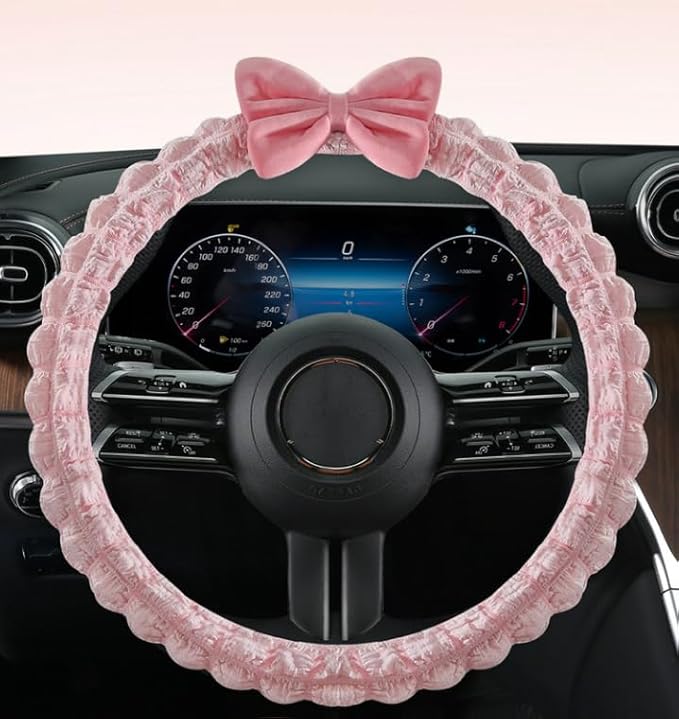Cute Cartoon Anti-Slip Car Steering Wheel Cover - Puff Bowknot Style for Women & Girls, Universal Fit Auto Handlebar Cover, Fun Car Interior Accessories Gifts for Sister (White)