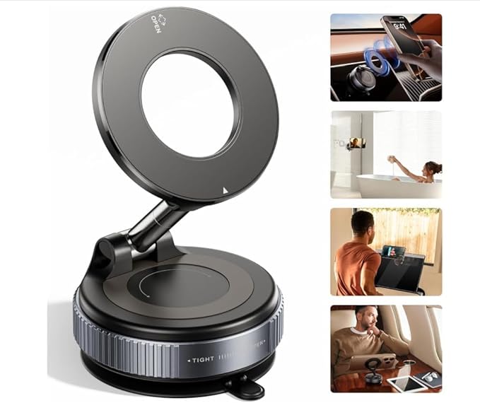 MagSafe Compatible Magnetic Car Phone Mount, Vacuum Suction 108+ lbs Strong Hold, 360° Rotation, Dashboard & Windshield Holder for iPhone 12-16 & Android