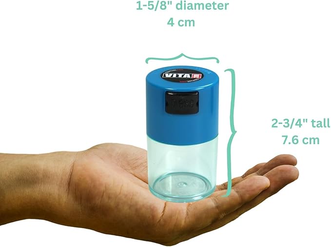 Vitavac - 5g to 20 Grams Airtight Multi-Use Vacuum Seal Portable Storage Container for Dry Goods, Food, and Herbs - Light Blue Clear